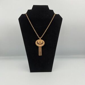 Vintage Gold Tone Art Deco Style Oval Pendant Tassel Necklace
